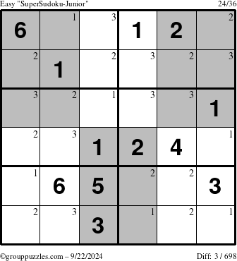 The grouppuzzles.com Easy SuperSudoku-Junior puzzle for Sunday September 22, 2024 with the first 3 steps marked