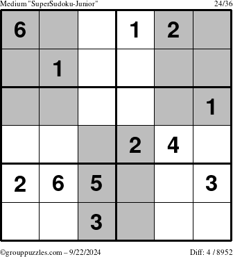 The grouppuzzles.com Medium SuperSudoku-Junior puzzle for Sunday September 22, 2024