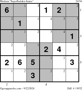 The grouppuzzles.com Medium SuperSudoku-Junior puzzle for Sunday September 22, 2024 with all 4 steps marked