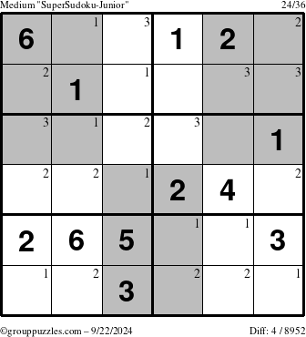 The grouppuzzles.com Medium SuperSudoku-Junior puzzle for Sunday September 22, 2024 with the first 3 steps marked