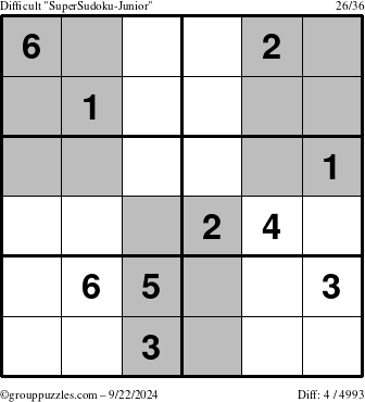 The grouppuzzles.com Difficult SuperSudoku-Junior puzzle for Sunday September 22, 2024