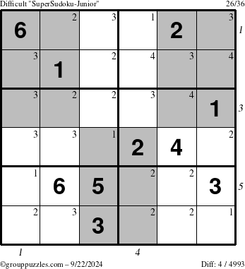 The grouppuzzles.com Difficult SuperSudoku-Junior puzzle for Sunday September 22, 2024 with all 4 steps marked