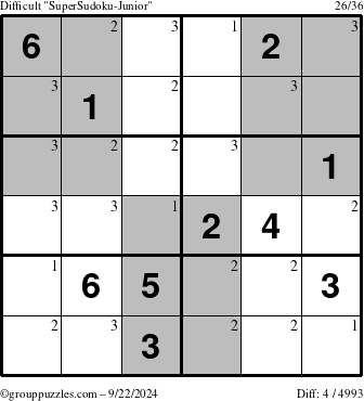 The grouppuzzles.com Difficult SuperSudoku-Junior puzzle for Sunday September 22, 2024 with the first 3 steps marked