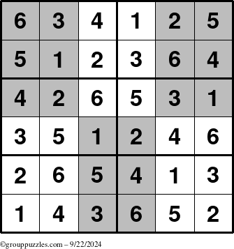 The grouppuzzles.com Answer grid for the SuperSudoku-Junior puzzle for Sunday September 22, 2024