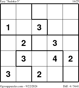 The grouppuzzles.com Easy Sudoku-5 puzzle for Sunday September 22, 2024