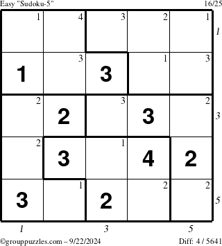 The grouppuzzles.com Easy Sudoku-5 puzzle for Sunday September 22, 2024 with all 4 steps marked