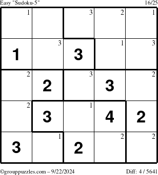 The grouppuzzles.com Easy Sudoku-5 puzzle for Sunday September 22, 2024 with the first 3 steps marked