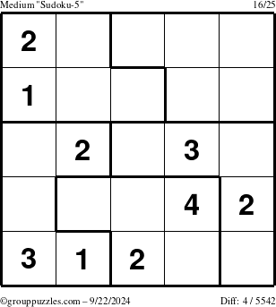 The grouppuzzles.com Medium Sudoku-5 puzzle for Sunday September 22, 2024