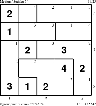 The grouppuzzles.com Medium Sudoku-5 puzzle for Sunday September 22, 2024, suitable for printing, with all 4 steps marked