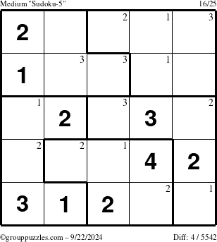 The grouppuzzles.com Medium Sudoku-5 puzzle for Sunday September 22, 2024 with the first 3 steps marked