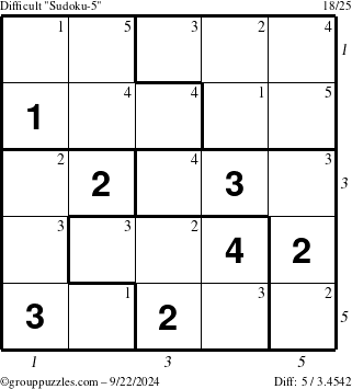 The grouppuzzles.com Difficult Sudoku-5 puzzle for Sunday September 22, 2024 with all 5 steps marked