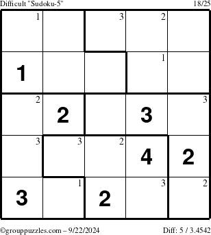 The grouppuzzles.com Difficult Sudoku-5 puzzle for Sunday September 22, 2024 with the first 3 steps marked