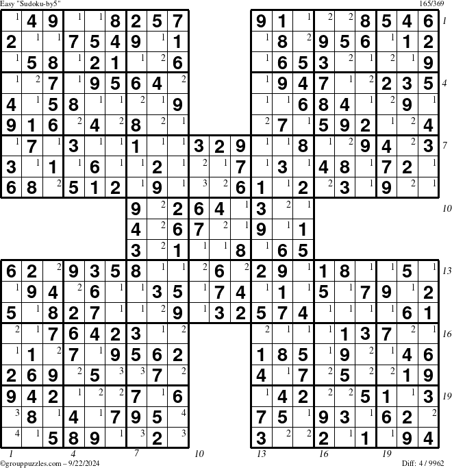 The grouppuzzles.com Easy Sudoku-by5 puzzle for Sunday September 22, 2024 with all 4 steps marked