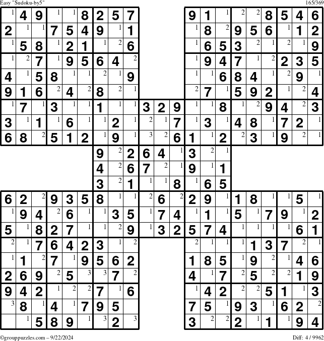 The grouppuzzles.com Easy Sudoku-by5 puzzle for Sunday September 22, 2024 with the first 3 steps marked