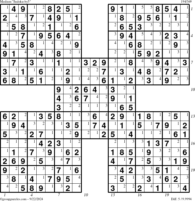 The grouppuzzles.com Medium Sudoku-by5 puzzle for Sunday September 22, 2024, suitable for printing, with all 5 steps marked