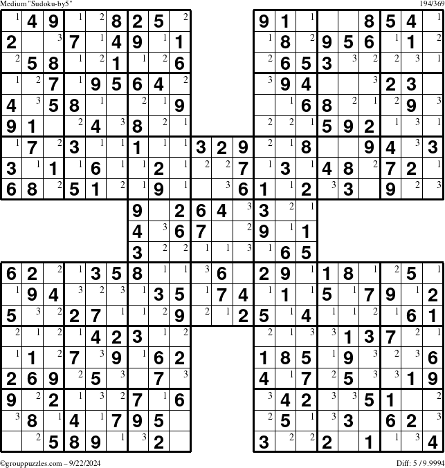 The grouppuzzles.com Medium Sudoku-by5 puzzle for Sunday September 22, 2024 with the first 3 steps marked