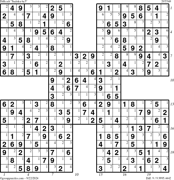 The grouppuzzles.com Difficult Sudoku-by5 puzzle for Sunday September 22, 2024 with all 9 steps marked