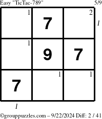 The grouppuzzles.com Easy TicTac-789 puzzle for Sunday September 22, 2024 with all 2 steps marked