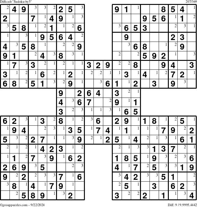 The grouppuzzles.com Difficult Sudoku-by5 puzzle for Sunday September 22, 2024 with the first 3 steps marked