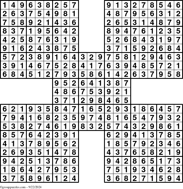 The grouppuzzles.com Answer grid for the Sudoku-by5 puzzle for Sunday September 22, 2024