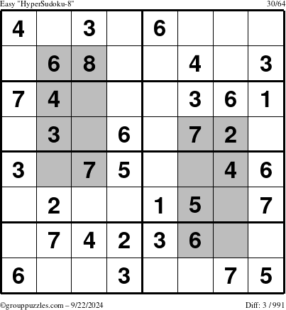 The grouppuzzles.com Easy HyperSudoku-8 puzzle for Sunday September 22, 2024