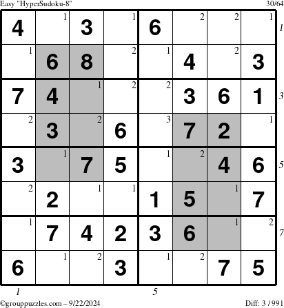 The grouppuzzles.com Easy HyperSudoku-8 puzzle for Sunday September 22, 2024 with all 3 steps marked