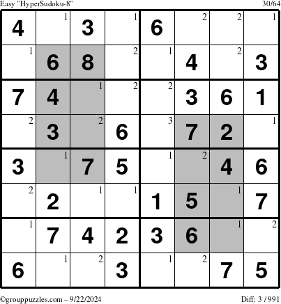 The grouppuzzles.com Easy HyperSudoku-8 puzzle for Sunday September 22, 2024 with the first 3 steps marked