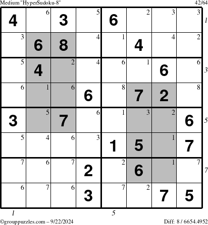 The grouppuzzles.com Medium HyperSudoku-8 puzzle for Sunday September 22, 2024, suitable for printing, with all 8 steps marked