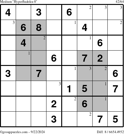 The grouppuzzles.com Medium HyperSudoku-8 puzzle for Sunday September 22, 2024 with the first 3 steps marked