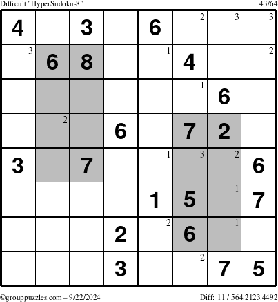 The grouppuzzles.com Difficult HyperSudoku-8 puzzle for Sunday September 22, 2024 with the first 3 steps marked