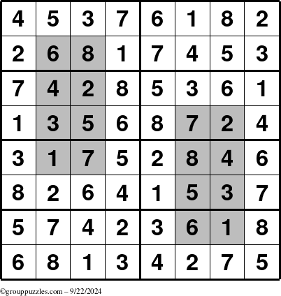 The grouppuzzles.com Answer grid for the HyperSudoku-8 puzzle for Sunday September 22, 2024