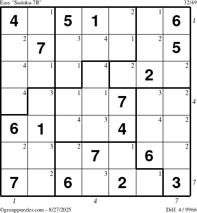 The grouppuzzles.com Easy Sudoku-7B puzzle for Wednesday August 27, 2025, suitable for printing, with all 4 steps marked