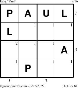 The grouppuzzles.com Easy Paul puzzle for Saturday March 22, 2025, suitable for printing, with all 2 steps marked