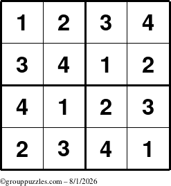 The grouppuzzles.com Answer grid for the Sudoku-4 puzzle for Saturday August 1, 2026