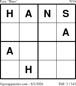 The grouppuzzles.com Easy Hans puzzle for Saturday August 1, 2026