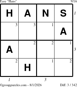 The grouppuzzles.com Easy Hans puzzle for Saturday August 1, 2026, suitable for printing, with all 3 steps marked