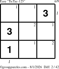 The grouppuzzles.com Easy TicTac-123 puzzle for Saturday August 1, 2026 with all 2 steps marked
