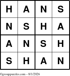 The grouppuzzles.com Answer grid for the Hans puzzle for Saturday August 1, 2026