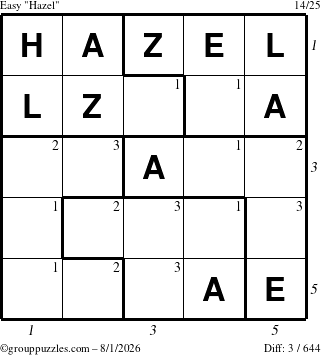 The grouppuzzles.com Easy Hazel puzzle for Saturday August 1, 2026, suitable for printing, with all 3 steps marked