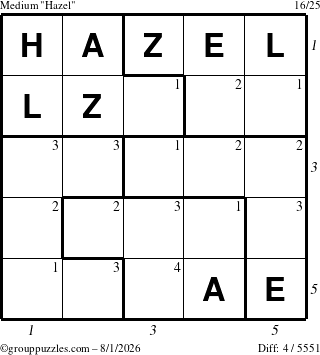 The grouppuzzles.com Medium Hazel puzzle for Saturday August 1, 2026, suitable for printing, with all 4 steps marked
