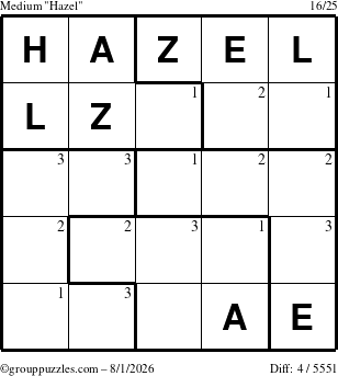 The grouppuzzles.com Medium Hazel puzzle for Saturday August 1, 2026 with the first 3 steps marked