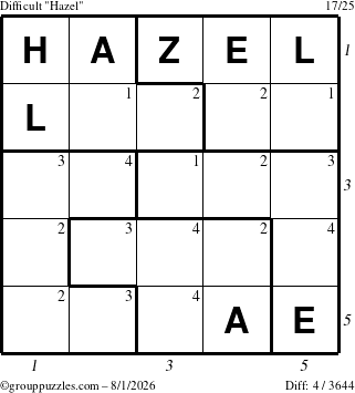 The grouppuzzles.com Difficult Hazel puzzle for Saturday August 1, 2026 with all 4 steps marked