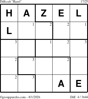 The grouppuzzles.com Difficult Hazel puzzle for Saturday August 1, 2026 with the first 3 steps marked