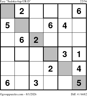 The grouppuzzles.com Easy Sudoku-6up-UR-D puzzle for Saturday August 1, 2026