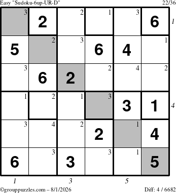 The grouppuzzles.com Easy Sudoku-6up-UR-D puzzle for Saturday August 1, 2026 with all 4 steps marked