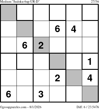 The grouppuzzles.com Medium Sudoku-6up-UR-D puzzle for Saturday August 1, 2026