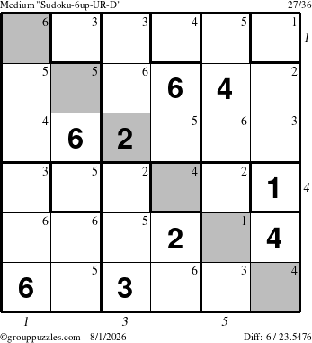 The grouppuzzles.com Medium Sudoku-6up-UR-D puzzle for Saturday August 1, 2026 with all 6 steps marked