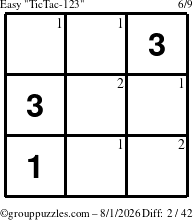 The grouppuzzles.com Easy TicTac-123 puzzle for Saturday August 1, 2026 with the first 2 steps marked