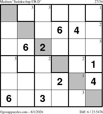 The grouppuzzles.com Medium Sudoku-6up-UR-D puzzle for Saturday August 1, 2026 with the first 3 steps marked