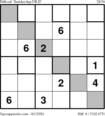 The grouppuzzles.com Difficult Sudoku-6up-UR-D puzzle for Saturday August 1, 2026